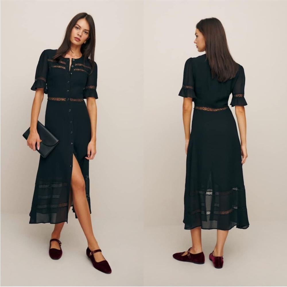 Reformation sz 2 Woodson in Black Lace Trim Midi Button Down Dress - Picture 2 of 10